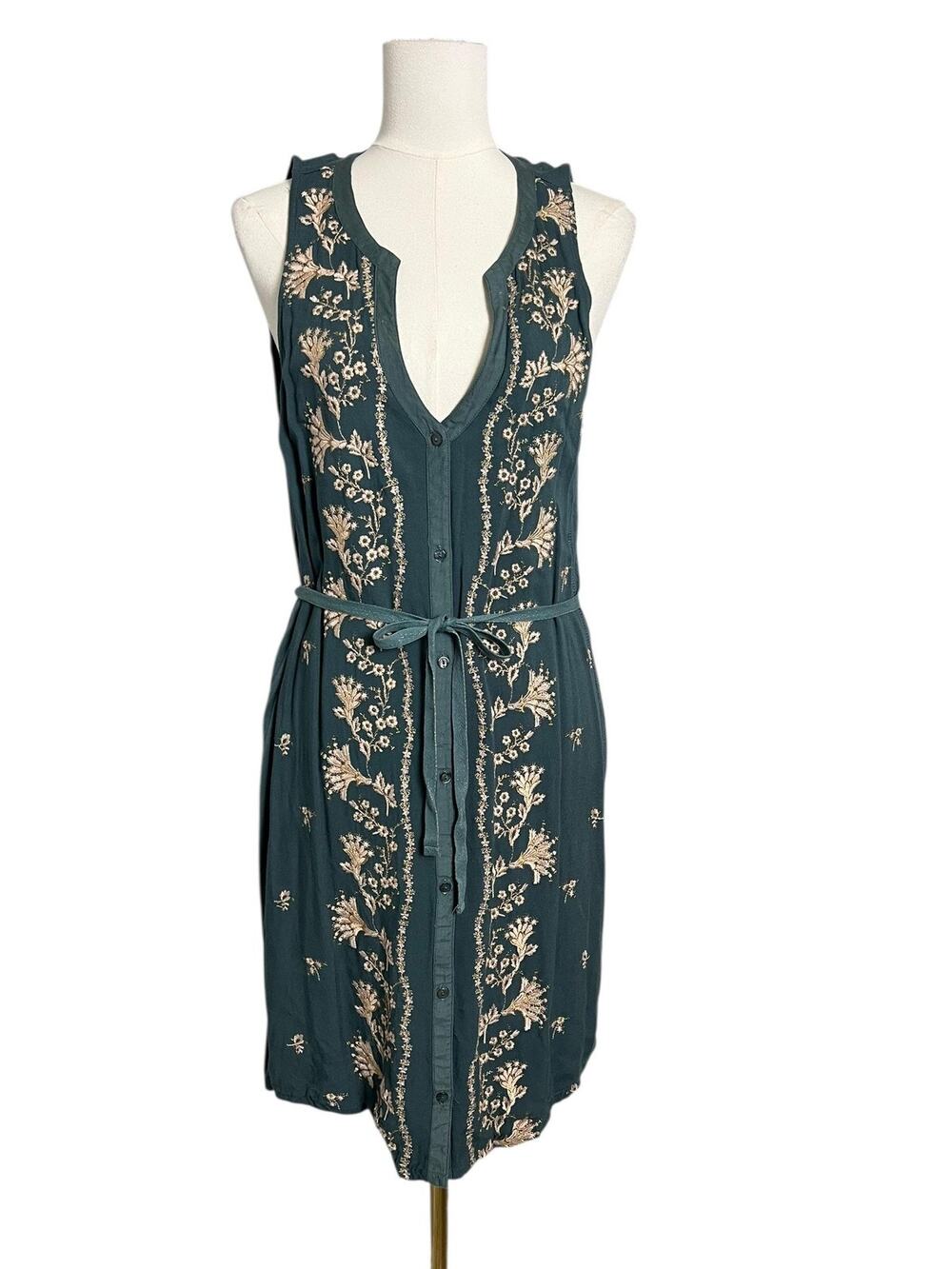 Tiny Anthropologie Embroidered Dress Large Boho Plunge Neck Festival Knee Length
